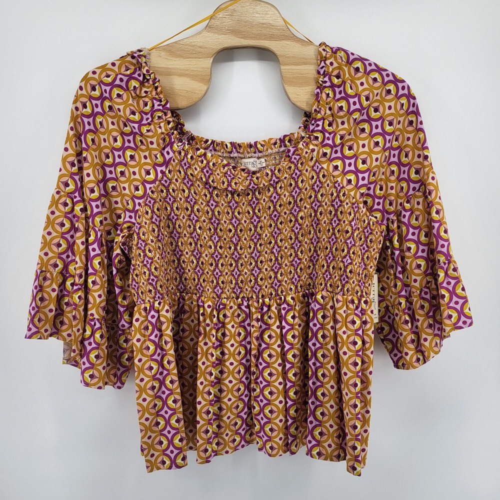 Terra Sky Women's 3X Smocked Square Neck Flutter‎ Sleeve Top Geometric Print New